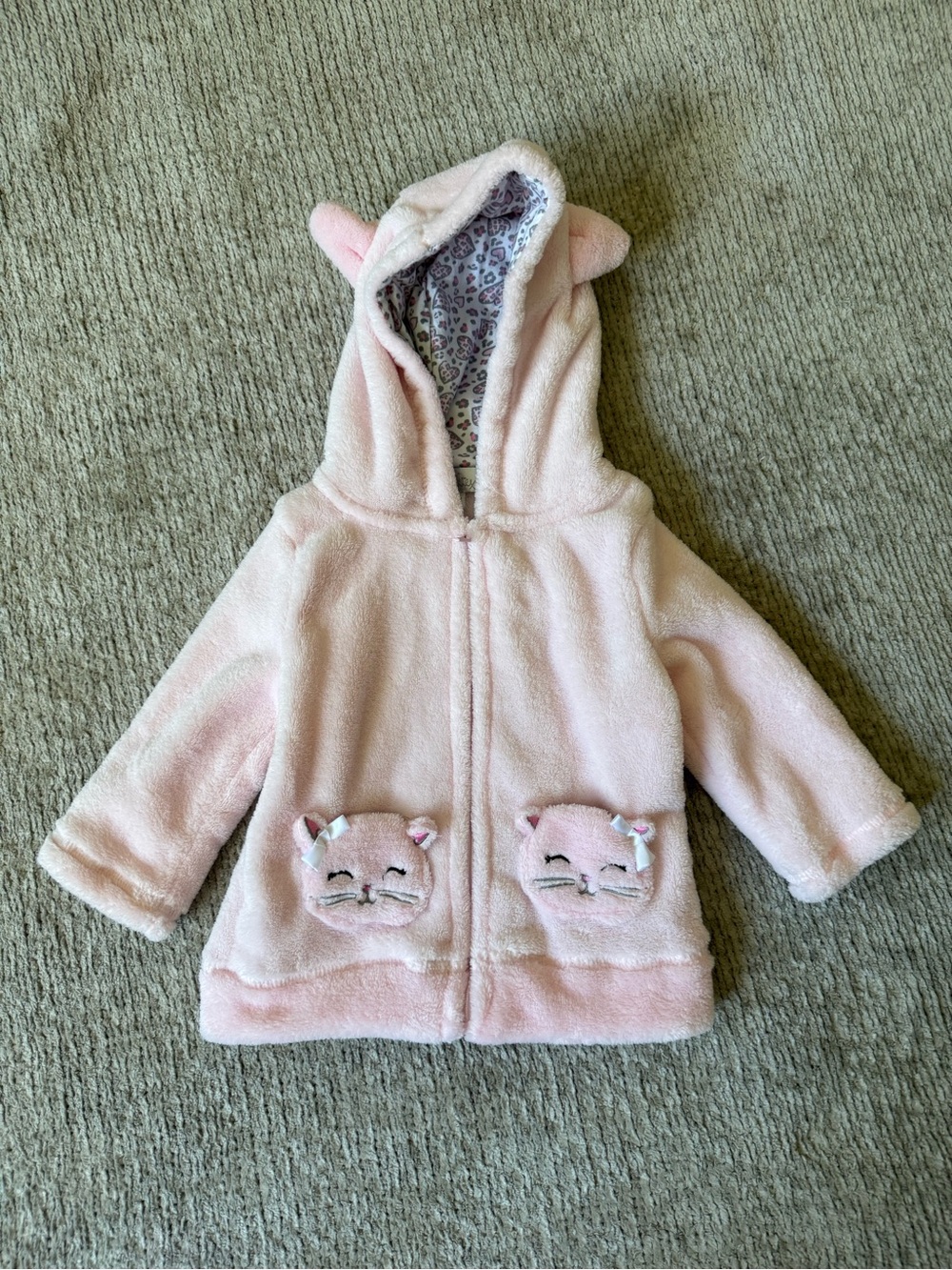 Quiltex Pink Cat Hooded Plush Fleece Zip Jacket 12M Baby Girl